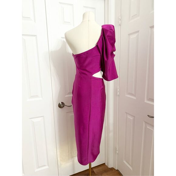 Zen Purple One Puff Statement Shoulder Sleeve Cutout Midi Dress Size XS - Picture 5 of 7